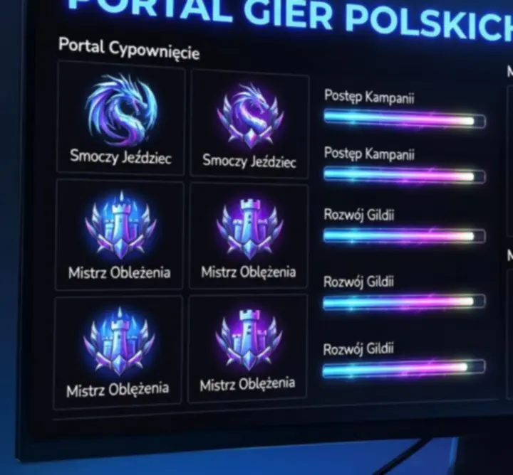 Panel osiągnięć gracza z neonowym, gamingowym kokpitem