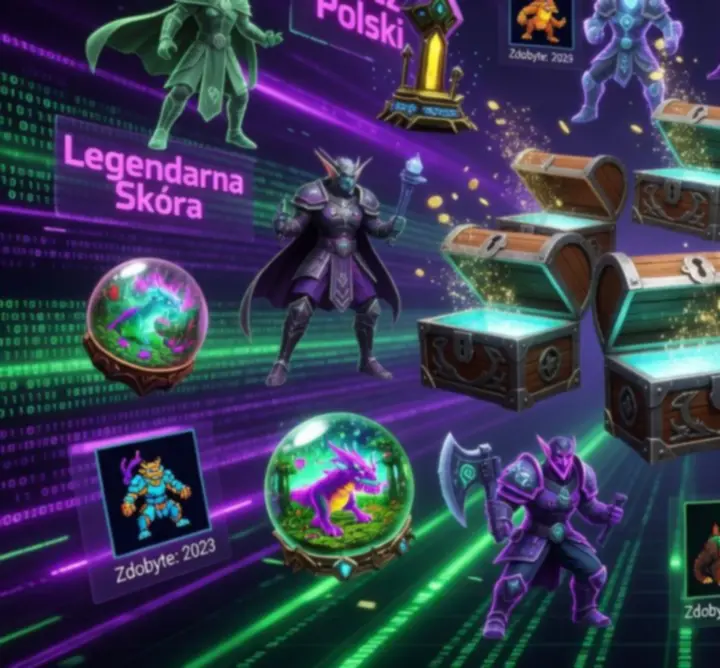 Wirtualne nagrody fantasy, skiny i awatary na futurystycznym panelu