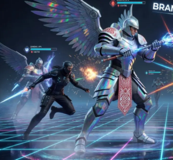 Ekran multiplayer z drużyną graczy w futurystycznym lobby