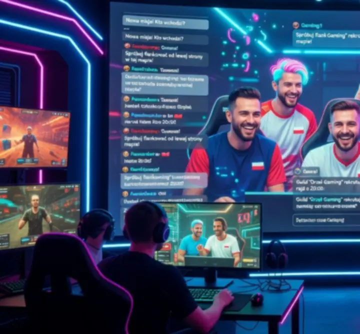 Społeczność graczy podczas wspólnej sesji online przed neonowymi monitorami