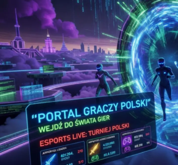 Futurystyczny portal fantasy gamingowy z neonowym interfejsem