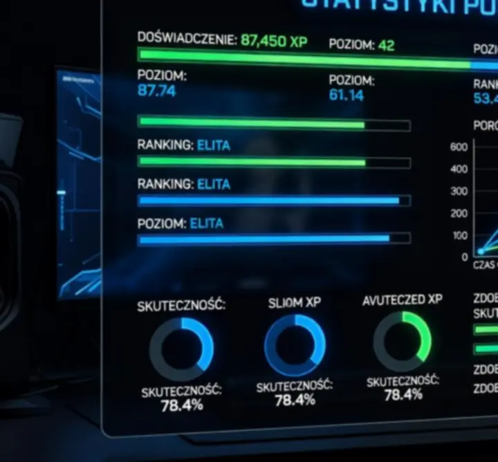 Wykresy i statystyki postępu gracza na futurystycznym, neonowym tle