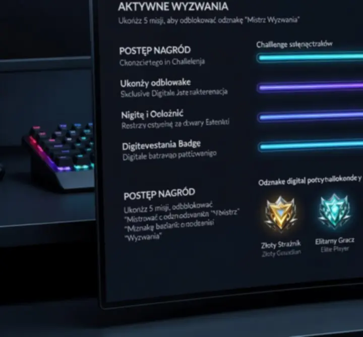 Panel gracza z listą wyzwań, nagrodami i paskami postępu